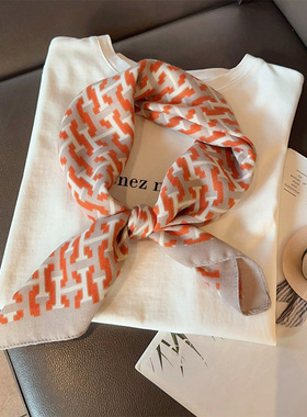 棉麻小方巾女春季新款H字母橙色丝巾配衬衫气质韩版小领巾发带薄