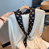 新款 百搭系脖领巾女 英伦小马黑色长条丝巾系腰围巾双层飘带春秋季