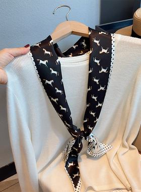 新款英伦小马黑色长条丝巾系腰围巾双层飘带春秋季百搭系脖领巾女