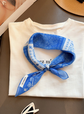 时尚蓝色腰果花丝巾小方巾女新款春夏季棉麻围巾搭配衬衫领巾脖饰