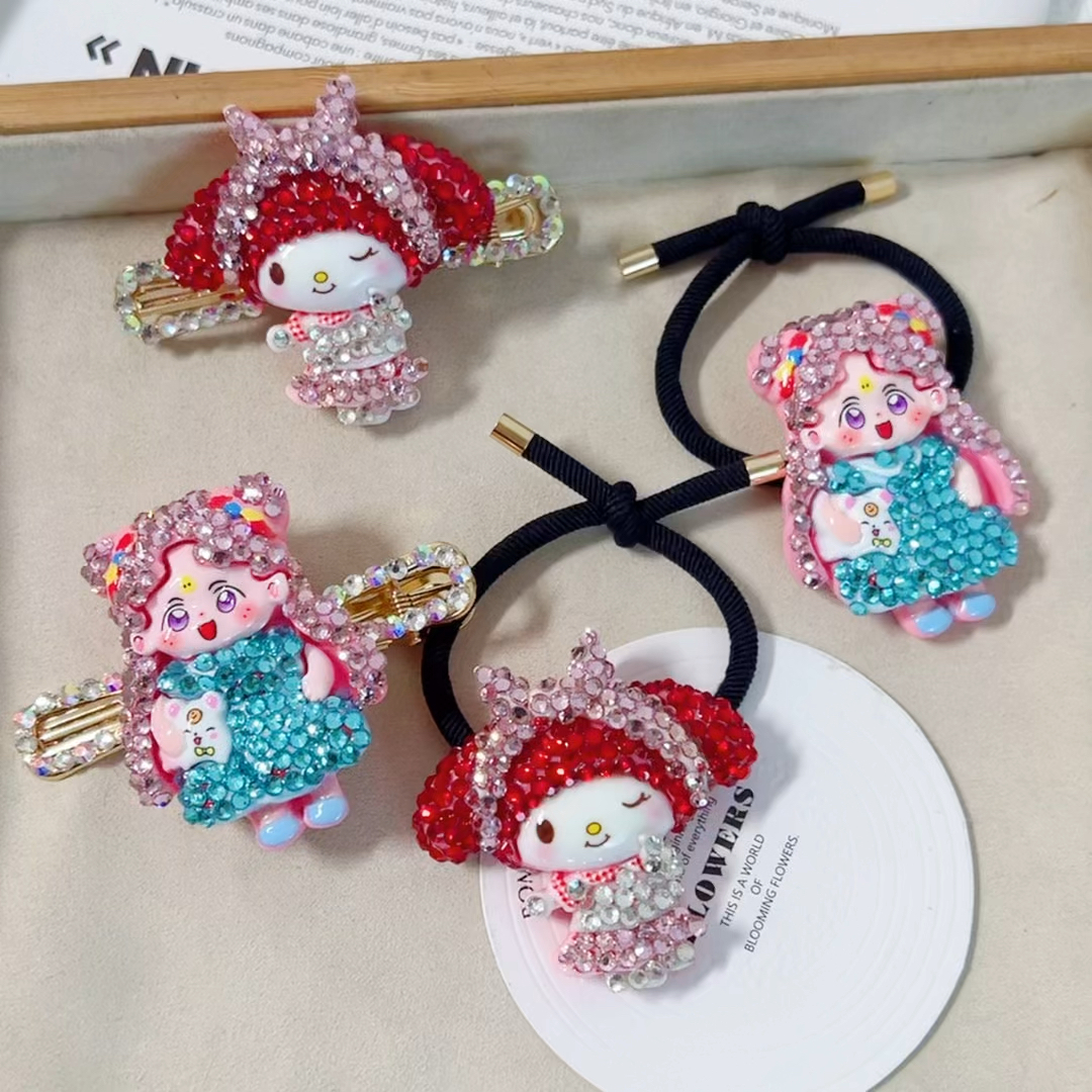 卡通可爱满钻美少女重工水钻发夹发圈美乐蒂头绳女橡皮筋套装
