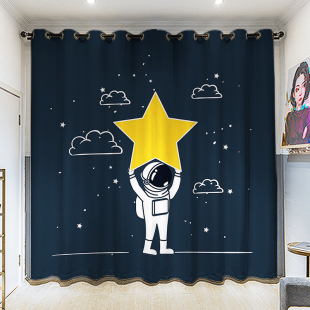 半遮光太空小人定制长帘细麻卡通卧室客厅挂钩学生寝室打孔窗帘布