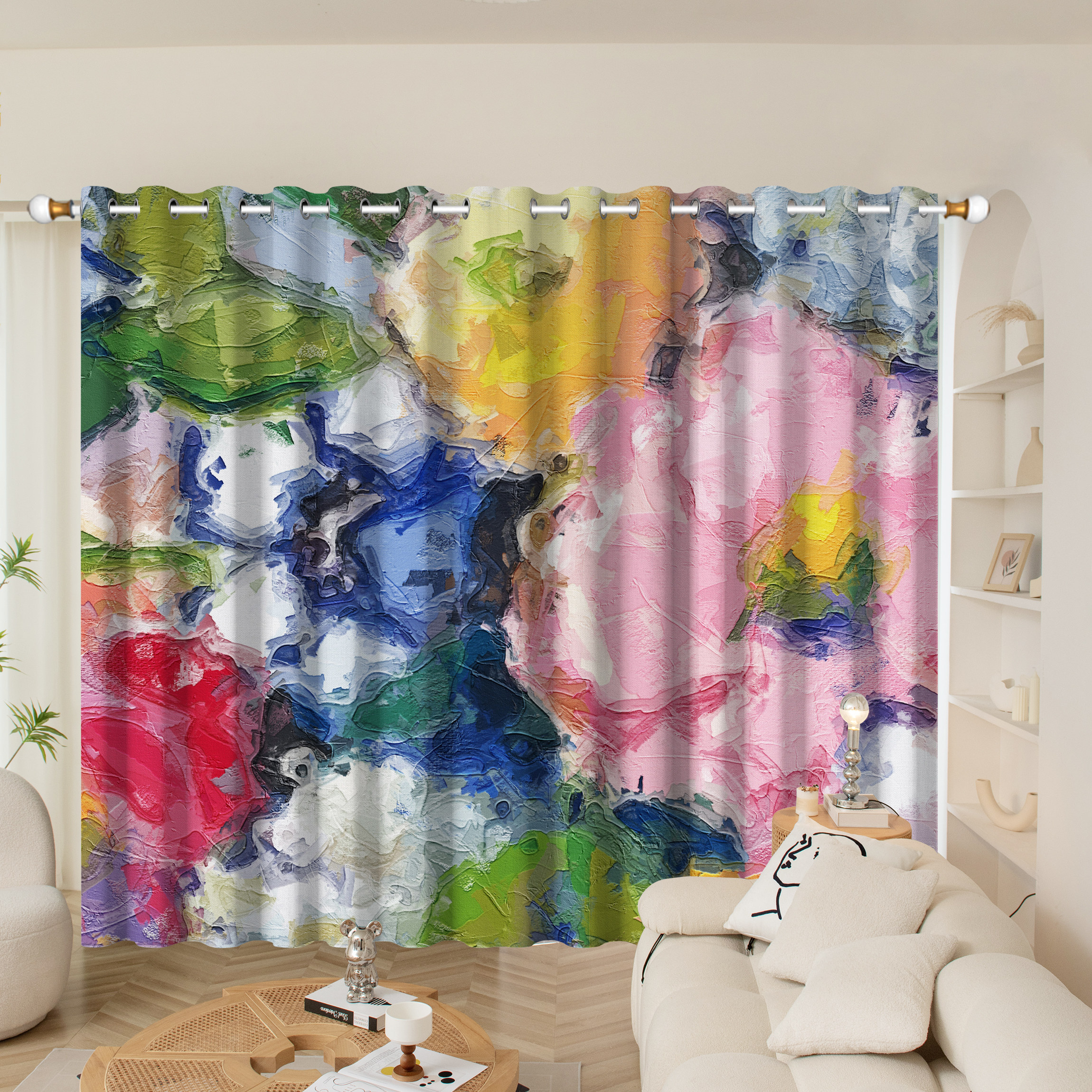 雪尼尔多巴胺油画花卉多彩卧室客厅防晒挂钩寝室遮光打孔定制窗帘,居家布艺,定制窗帘,淘宝优惠券,粉丝福利购,淘宝优惠卷