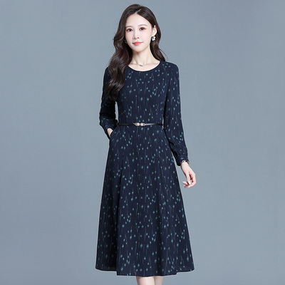 埃伦深蓝色洋气连衣裙气质减龄裙