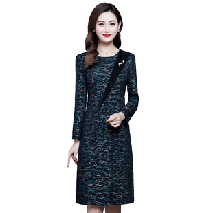 埃伦早春2023年新款连衣裙时尚女装圆领中长款修身长袖打底一步裙