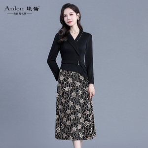埃伦拼接连衣裙2023秋季妈妈款收腰显瘦洋气气质印花黑色连衣长裙