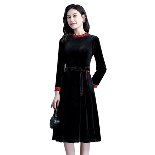 埃伦中年金丝绒连衣裙收腰显瘦气质女装加厚A字裙2025秋冬季新款