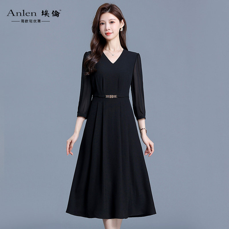 埃伦黑色长袖连衣裙女春夏款2024新款高端气质妈妈中长款优雅裙子