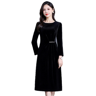 埃伦金丝绒连衣裙2025新款中年妈妈女气质高端内搭优雅减龄打底裙