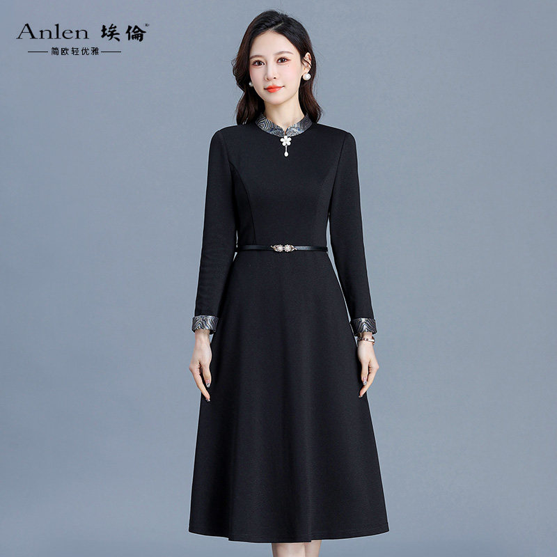 埃伦小黑裙2025新款气质修身A字裙中长款立领打底减龄长袖连衣裙
