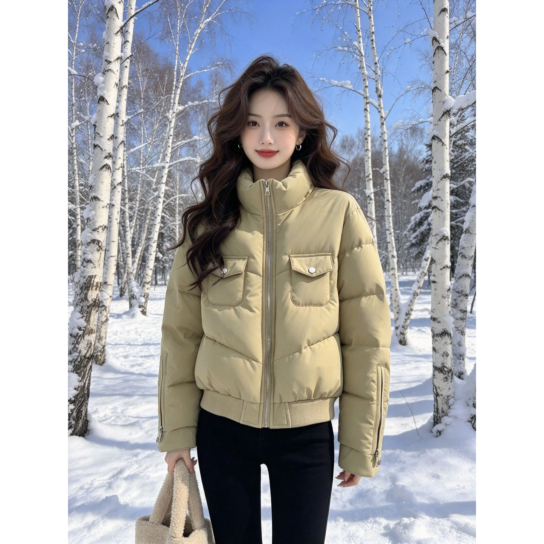 小个子冬季棉服外套工装多口袋立领短款高腰休闲百搭加厚棉衣