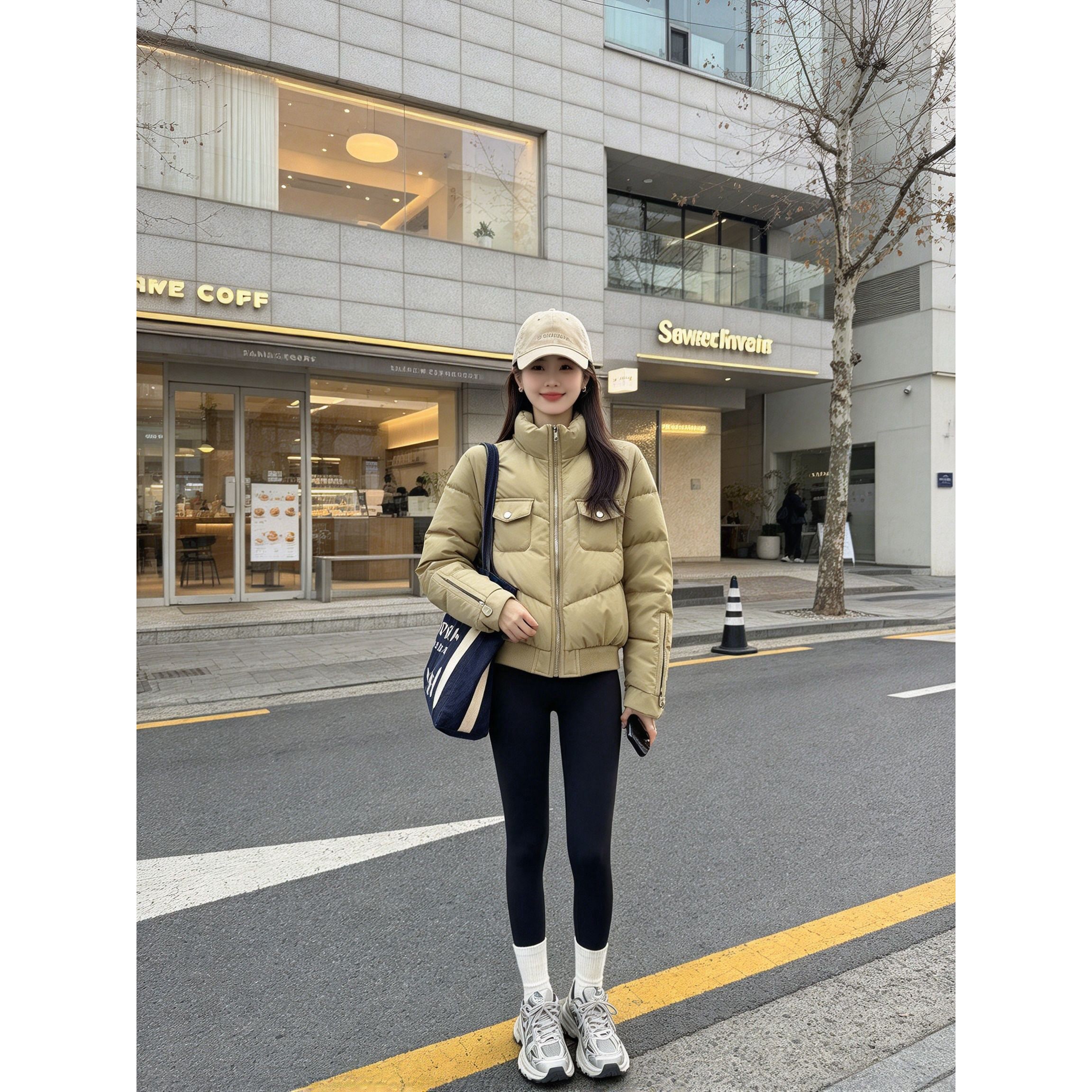 简约立领短款棉服女双口袋收下摆显瘦日常通勤休闲百搭冬季外套