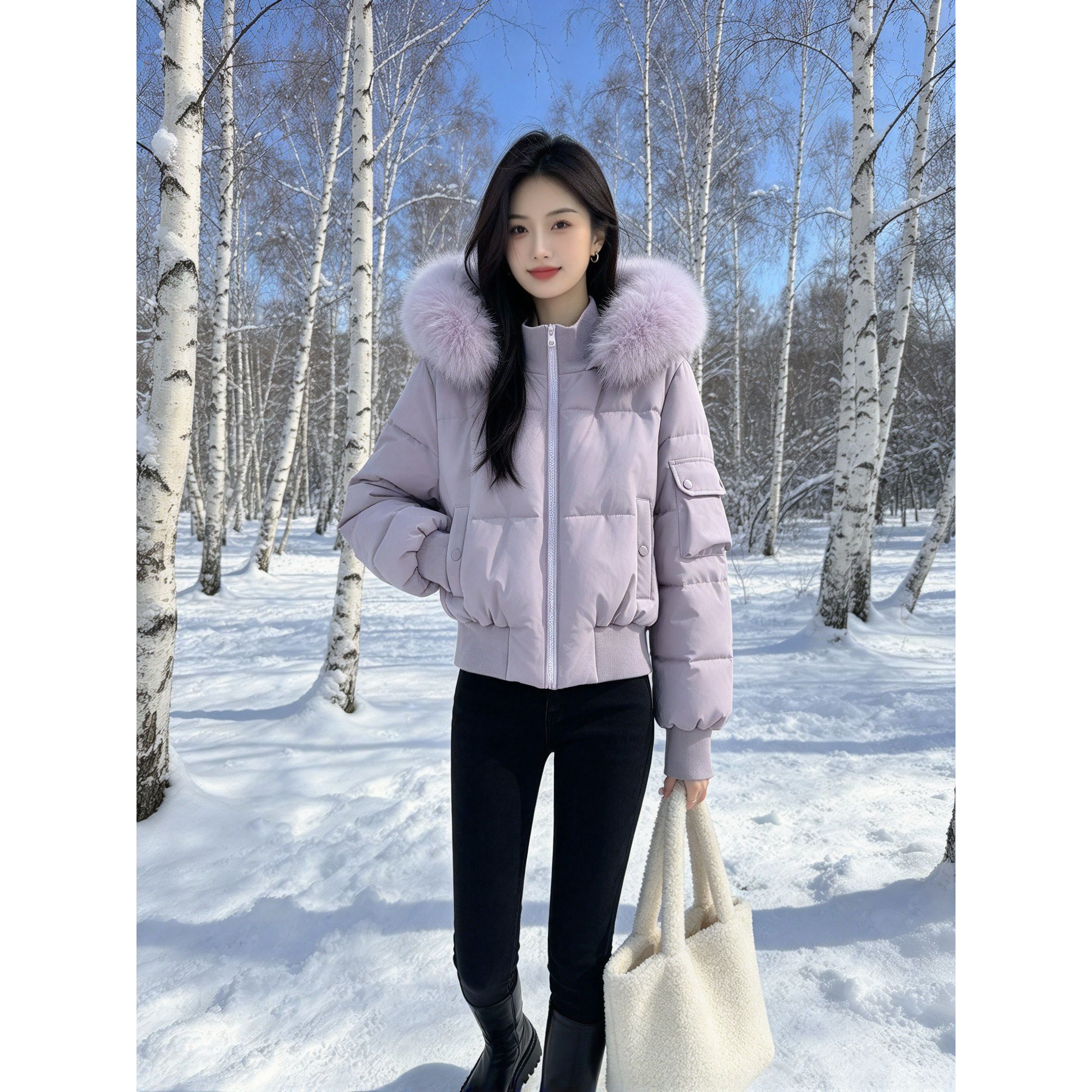 小个子显高大毛领短款棉服女连帽高腰冬季加厚百搭保暖棉衣外套