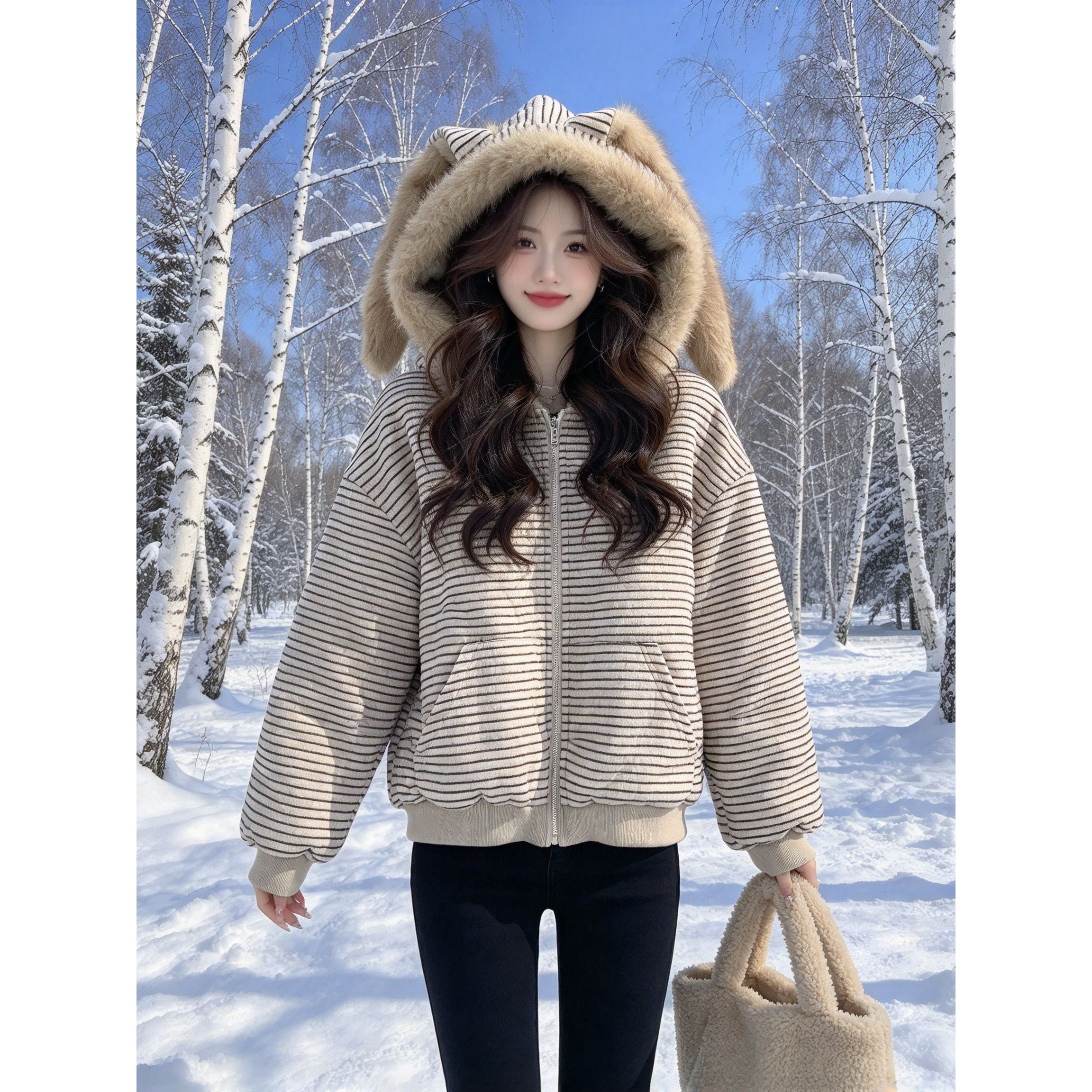 氛围感兔耳朵设计感棉服女条纹毛领连帽宽松显瘦百搭小个子冬棉衣