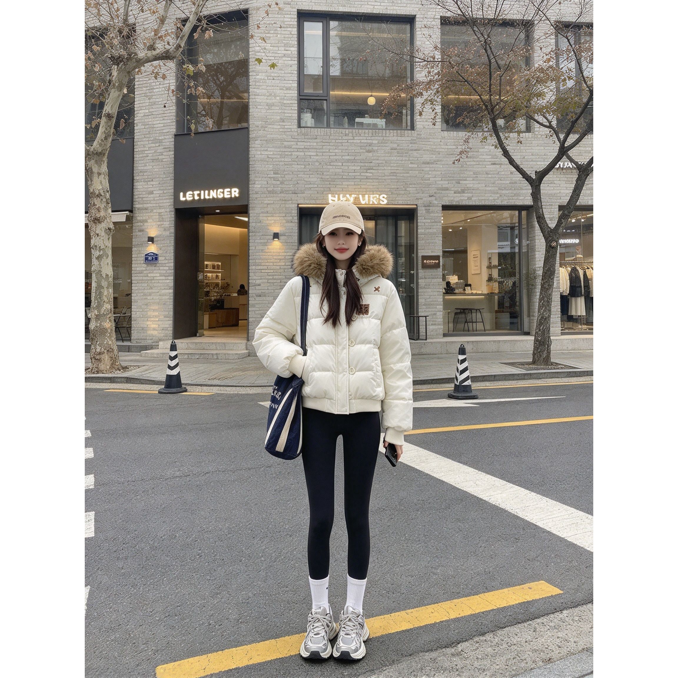 减龄学院风贴标大毛领短款棉服女宽松休闲百搭连帽保暖棉服外套