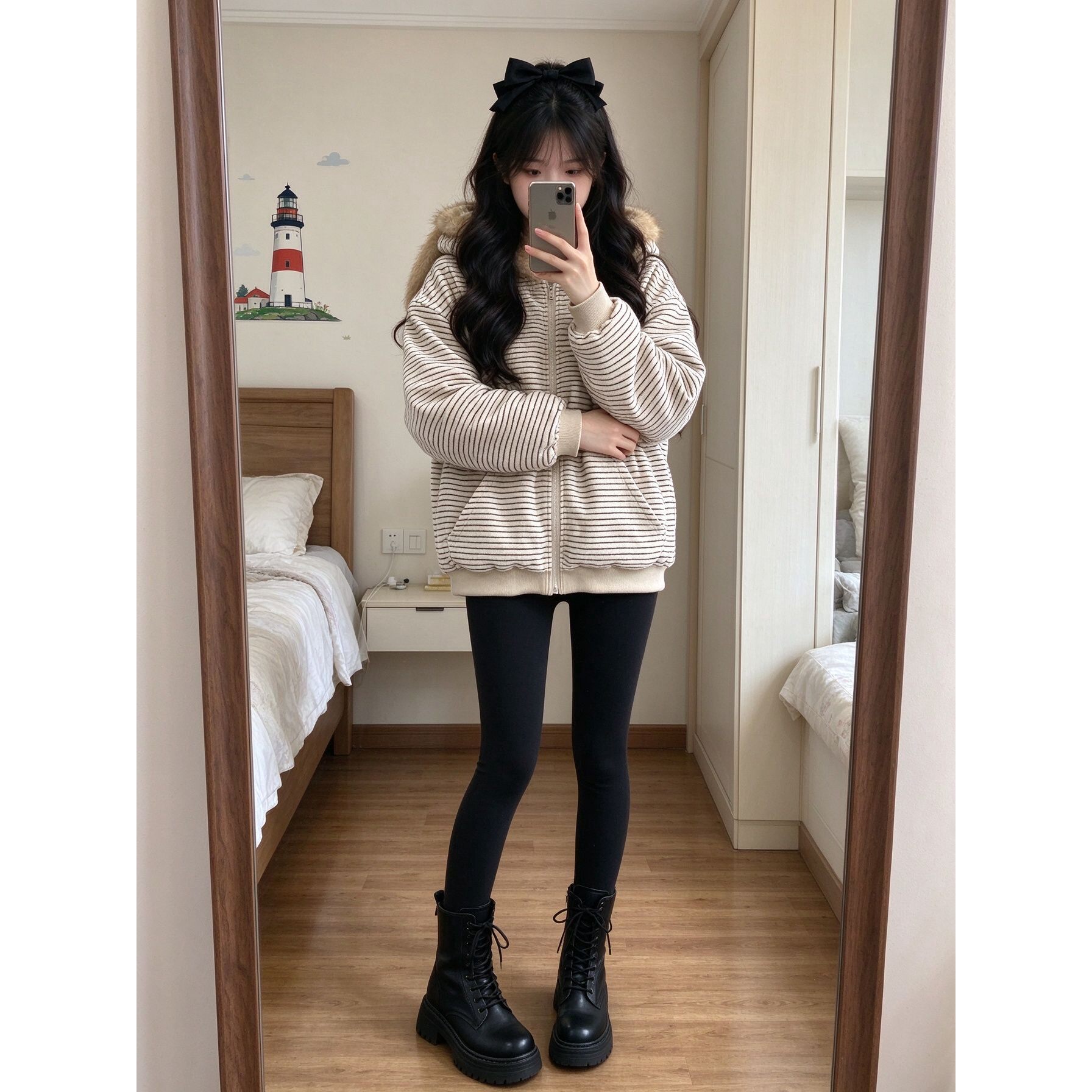 冬季可爱棉服女条纹兔耳朵连帽毛领宽松休闲百搭加厚外套
