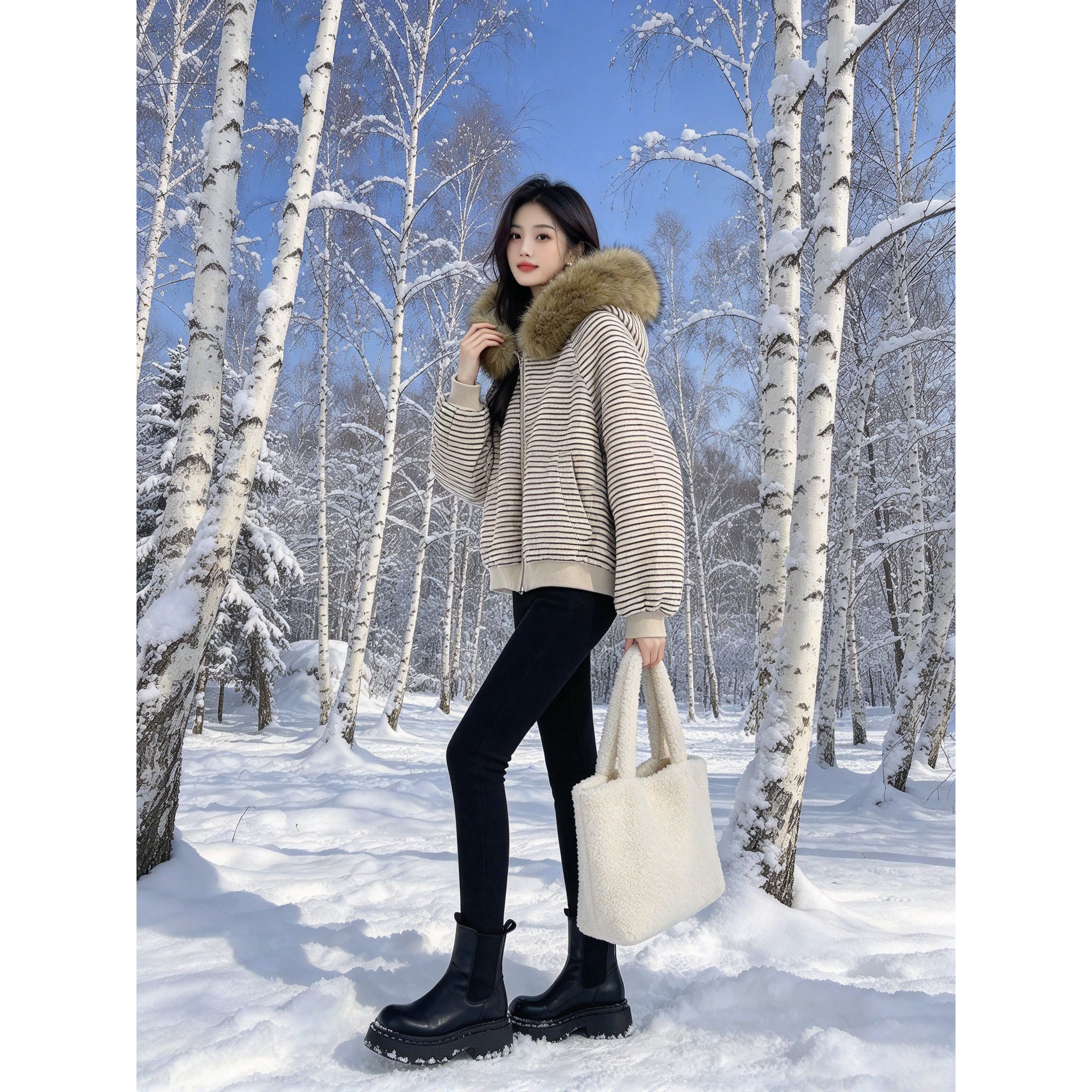 休闲条纹短款棉衣女冬季毛领连帽宽松休闲显瘦小个子百搭保暖外套