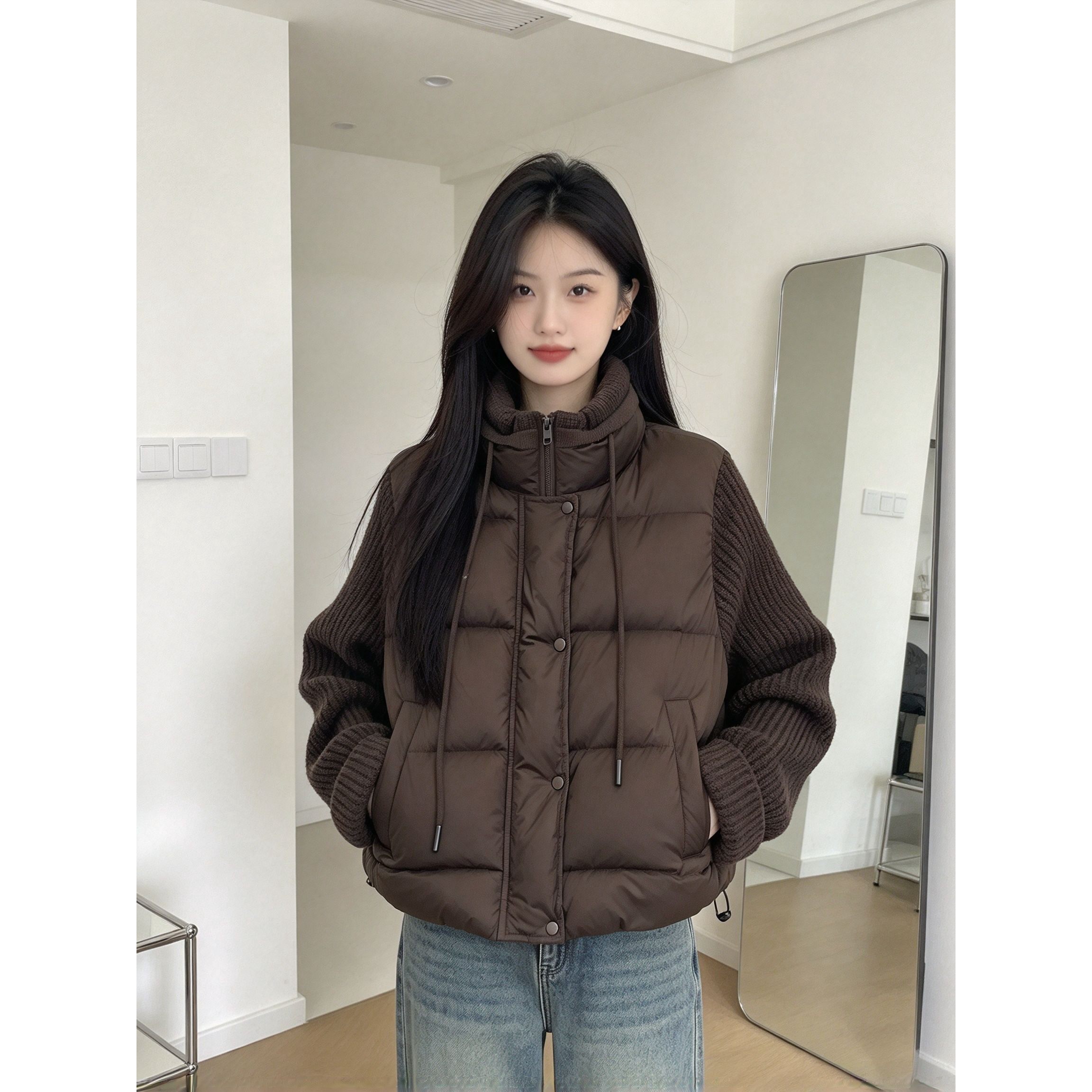 网红假两件棉服女针织拼接袖子短款立领百搭显瘦小个子加厚款外套
