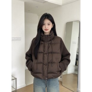 网红假两件棉服女针织拼接袖子短款立领百搭显瘦小个子加厚款外套