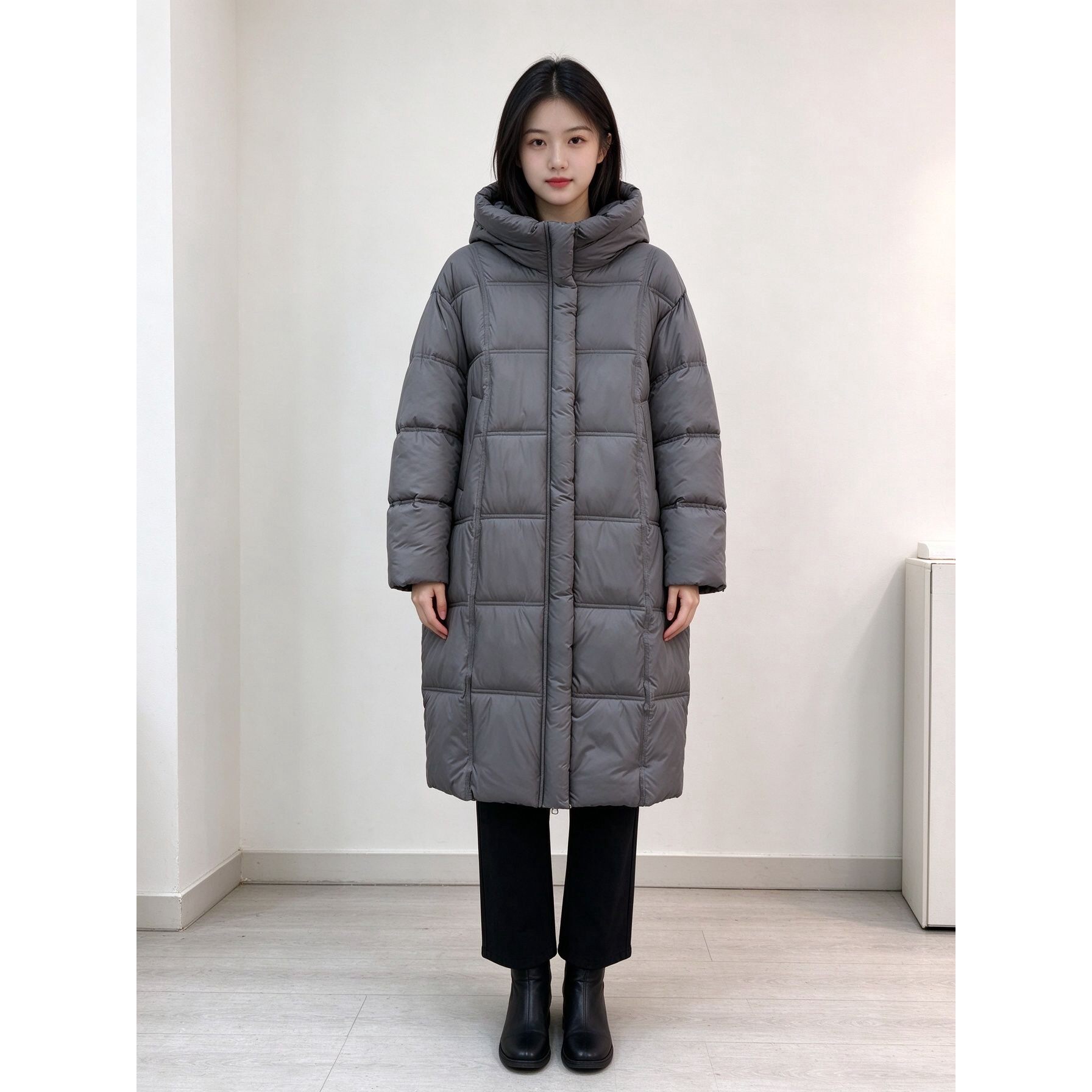 韩版连帽方格绗缝棉服女长款过膝宽松休闲百搭显瘦小个子冬季外套