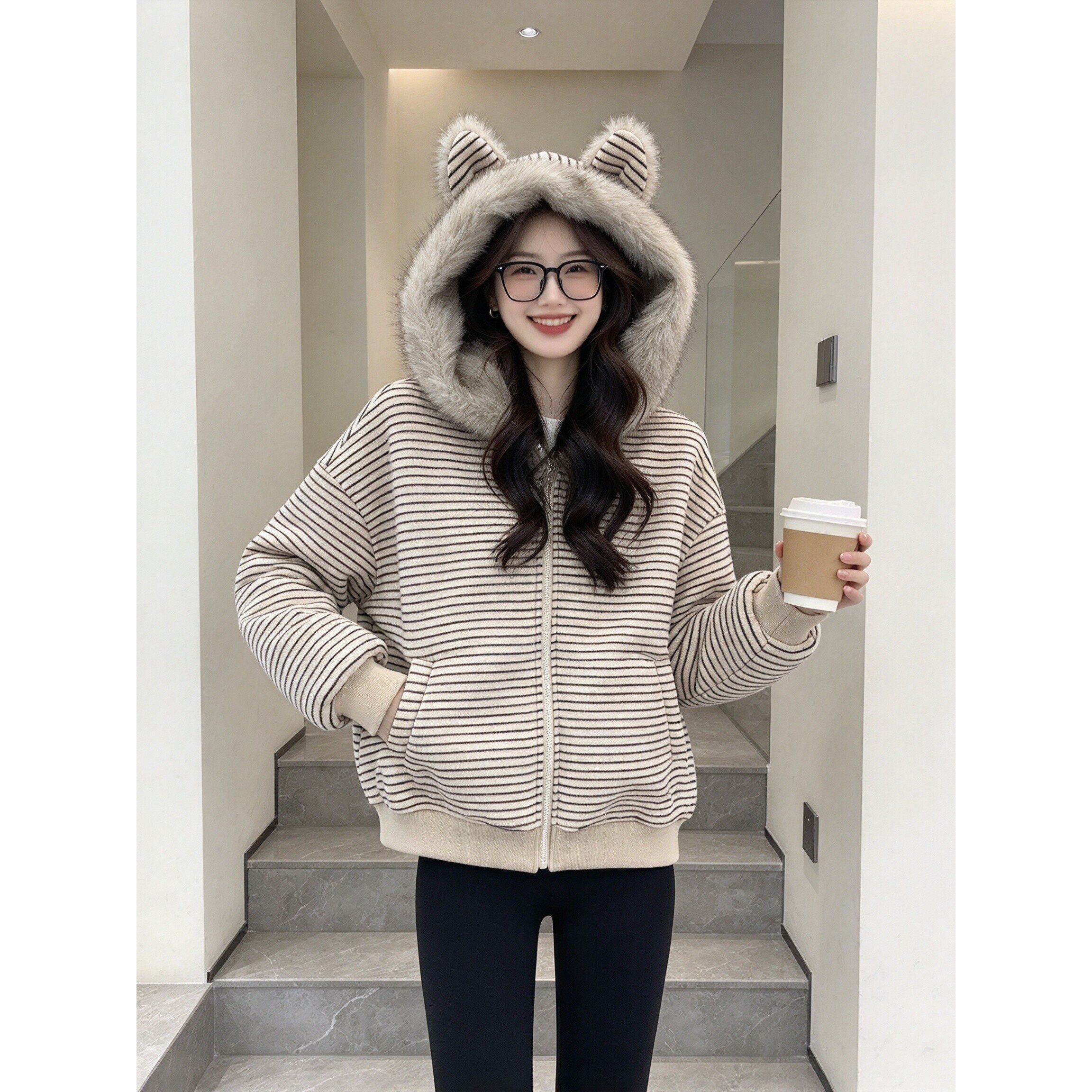 条纹猫耳朵大毛领连帽外套女秋冬宽松加厚可爱短款开衫上衣
