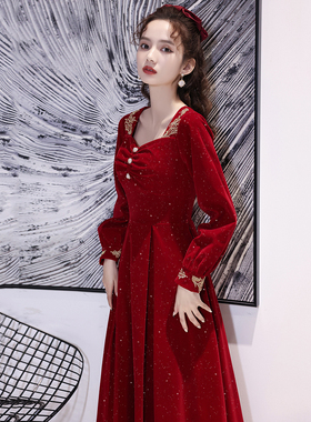 大码胖mm秋冬敬酒服新娘高级感结婚红色长袖回门宴订婚连衣裙礼服