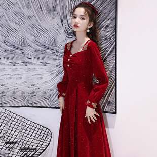 大码胖mm秋冬敬酒服新娘高级感结婚红色长袖回门宴订婚连衣裙礼服