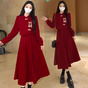 胖mm大码红色长袖连衣裙女订婚礼服新娘敬酒服平时可穿假两件裙子