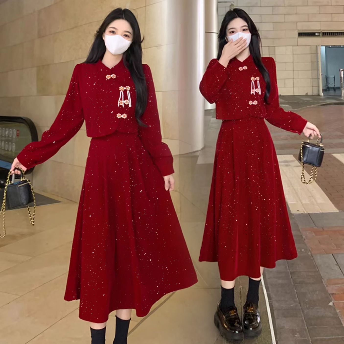 大码胖mm新中式旗袍新娘回门便装红色敬酒服平时可穿假两件连衣裙