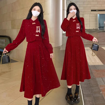 大码胖mm新中式旗袍新娘回门便装红色敬酒服平时可穿假两件连衣裙