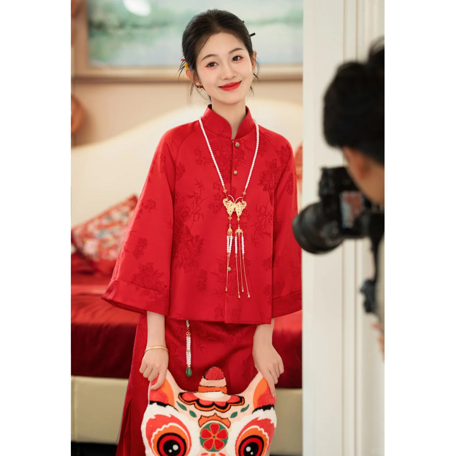 新中式红色旗袍敬酒服高级感订婚结婚礼服提花上衣半身裙两件套女图片