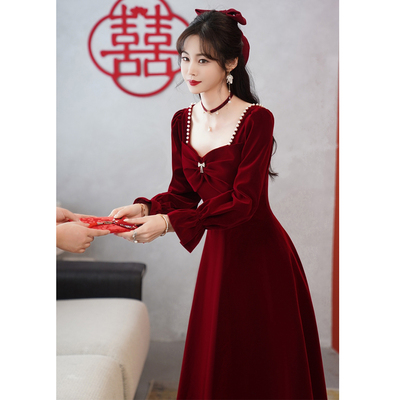 敬酒服新娘2026秋冬酒红色结婚订婚回门气质礼服连衣裙女平时可穿