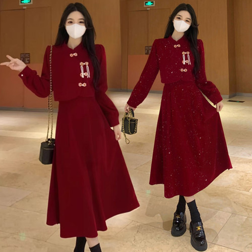 大码胖mm新款敬酒服新娘秋冬丝绒订婚礼服连衣裙酒红色大气回门服