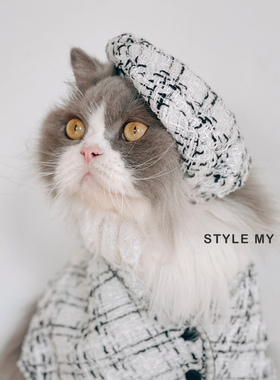 宠物猫咪Amélie甜美复古小香风中小型犬格纹珍珠毛呢斗篷贝雷帽