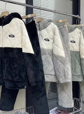 佰伦世家冬季情侣睡衣三层加厚保暖新款拉链连帽珊瑚绒夹棉家居服