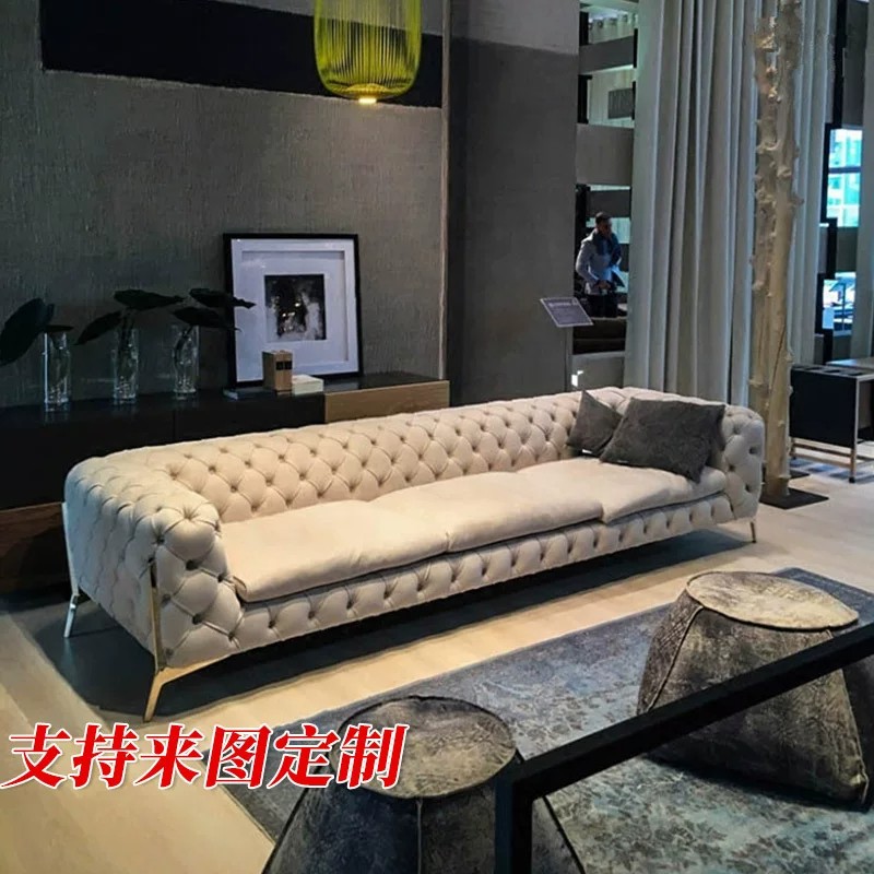 北欧设计师皮艺时尚拉扣单双三人位沙发简约客厅不锈钢香槟金家具
