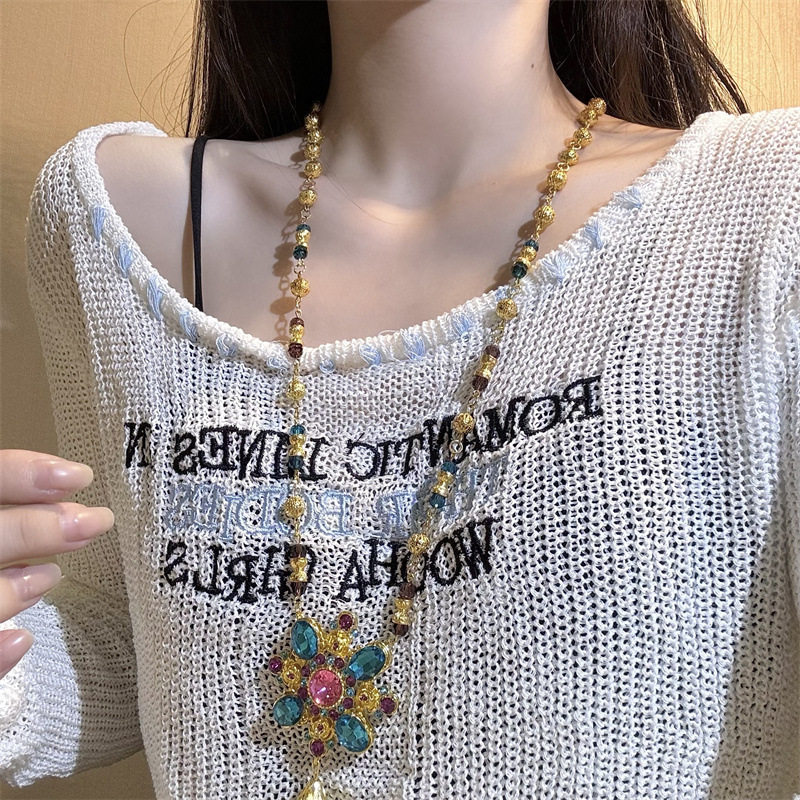 合金圆珠链女性彩色花朵复古项链