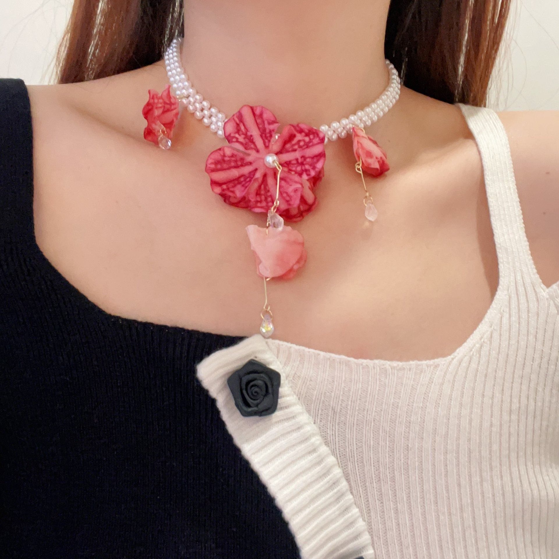 粉色花朵波浪珍珠项链女小众锁骨链hoker锁骨链,饰品/流行首饰/时尚饰品新,项链,淘宝优惠券,粉丝福利购,淘宝优惠卷