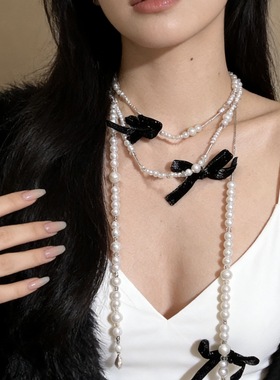 小香风蝴蝶结珍珠项链锁骨链毛衣链