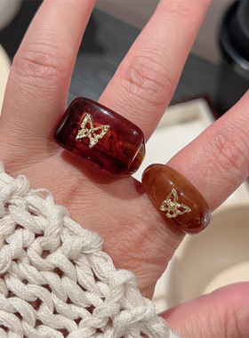 女性亚克力甜美蝴蝶玳瑁色戒指