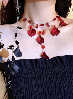 树脂锁骨链女性红色串珠水滴项链