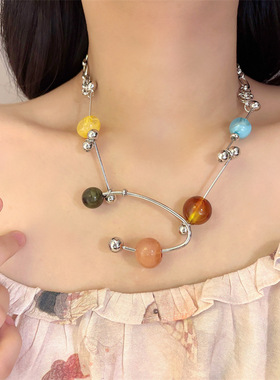 彩色交响乐串珠项链女小众个性夸张圆珠锁骨链撞色颈链配饰