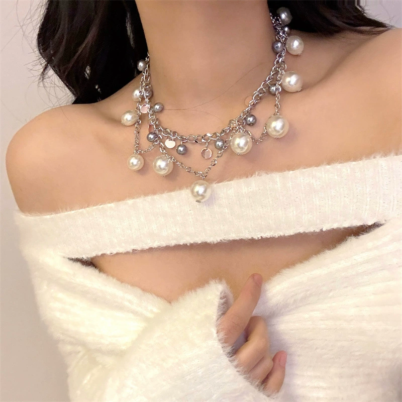 珍珠吊坠锁骨链串珠choker编织链条金银拼色时髦颈链项链