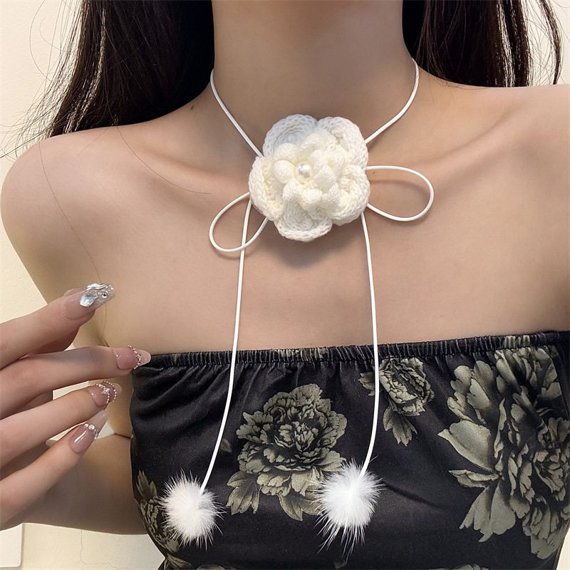 布料肖邦链女性珍珠毛线花朵项链