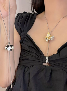 气质白色珍珠立体花朵流苏长项链choker抽拉调节项饰