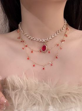 轻奢项链女款2025新款气质晚宴个性红色锁骨链