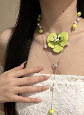绿色牛油果花朵串珠项链多层叠戴锁骨链choker