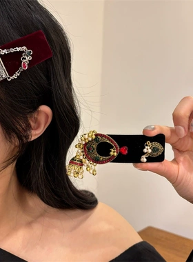红色丝绒中式民族风流苏发夹订婚礼服新年发卡发饰