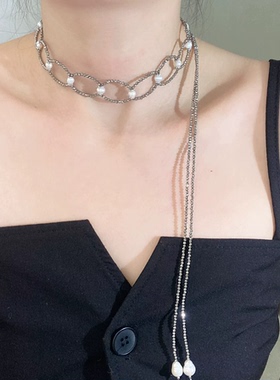 灰色水晶珍珠可调长款锁骨链