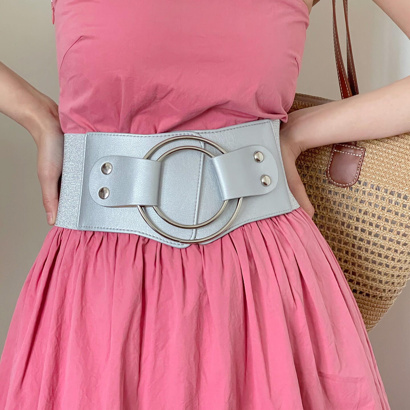 时尚金属银色圆环宽腰带女装饰连衣裙配裤子收腰百搭松紧弹力腰封